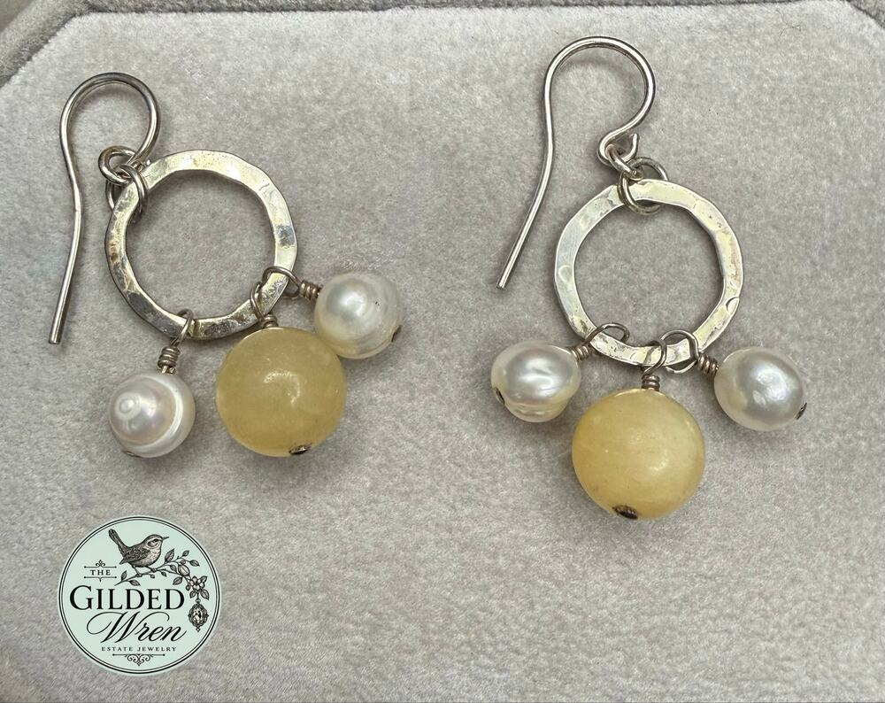 925 Sterling Silver Honey Yellow Calcite Pearl Dangle Earrings 2โ 7g